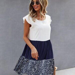 Blue & White Casual Womens Cut And Sew Babydoll Dress
